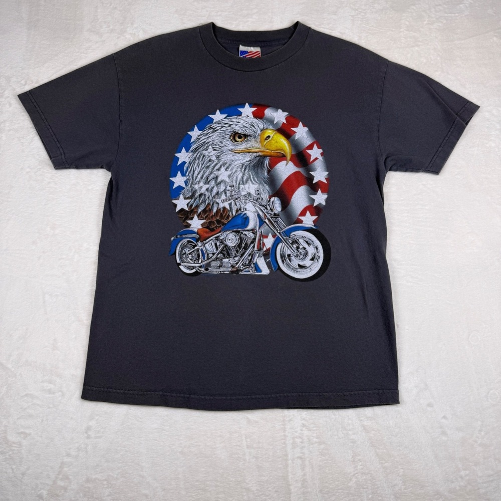 Vintage Y2K Eagle Motorcycle American Flag Graphic T-Shirt Gray‎ Mens Large